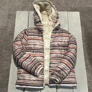 Lacoste Cream and Red Patterned down hooded reversible jacket. Sz 42 medium